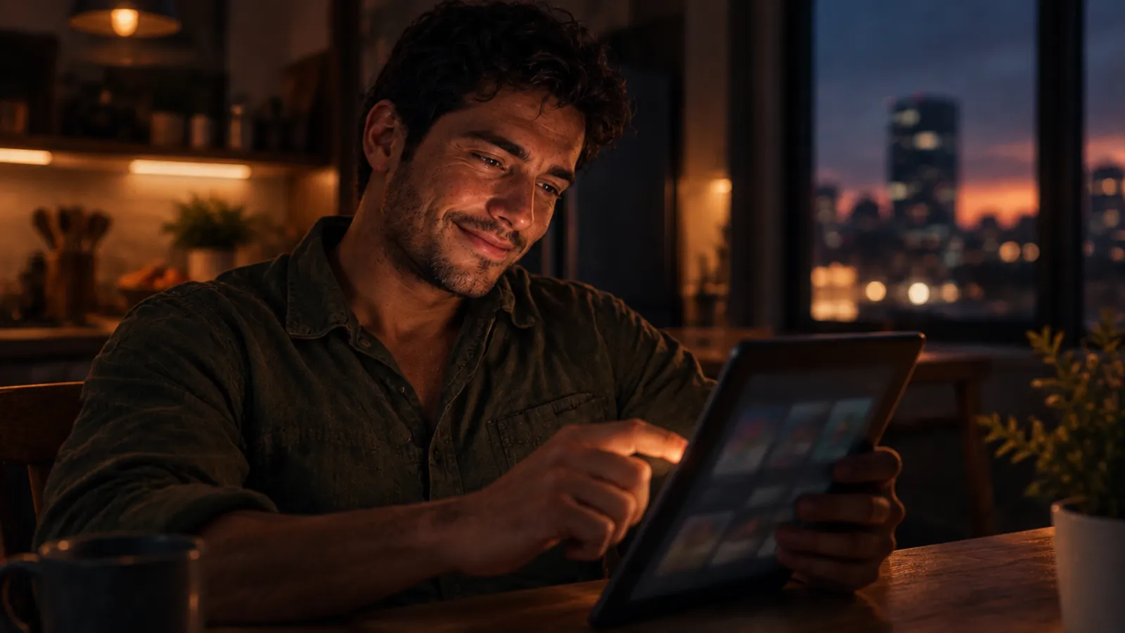 A bearded Latino man at a kitchen table at dusk, choosing between options on a tablet