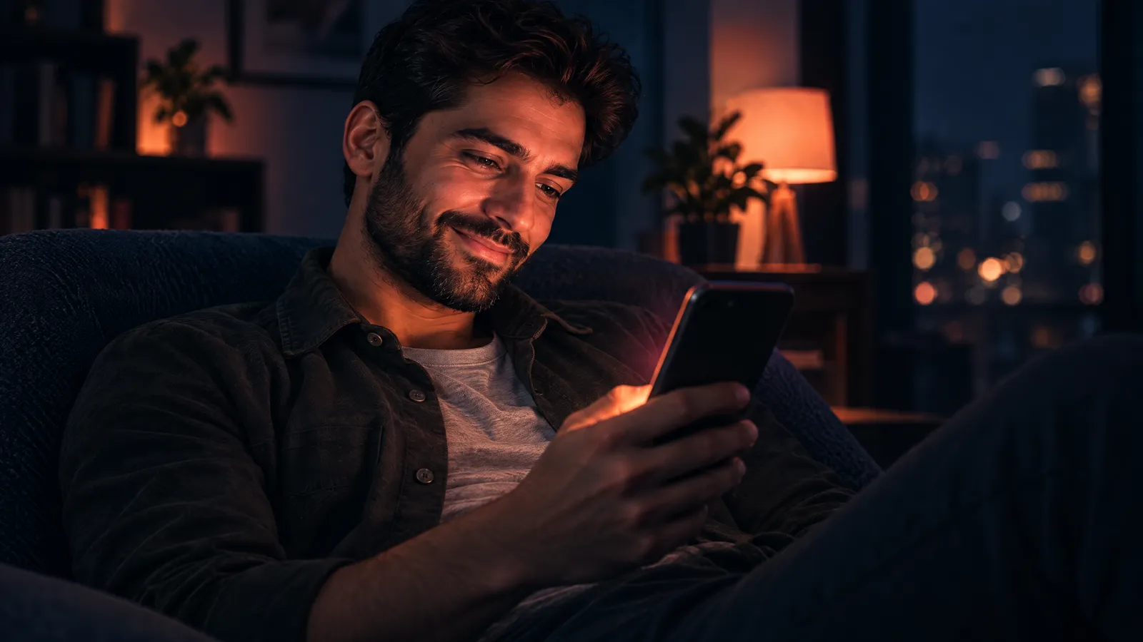 A man relaxing in an armchair at night, smiling as he scrolls his phone