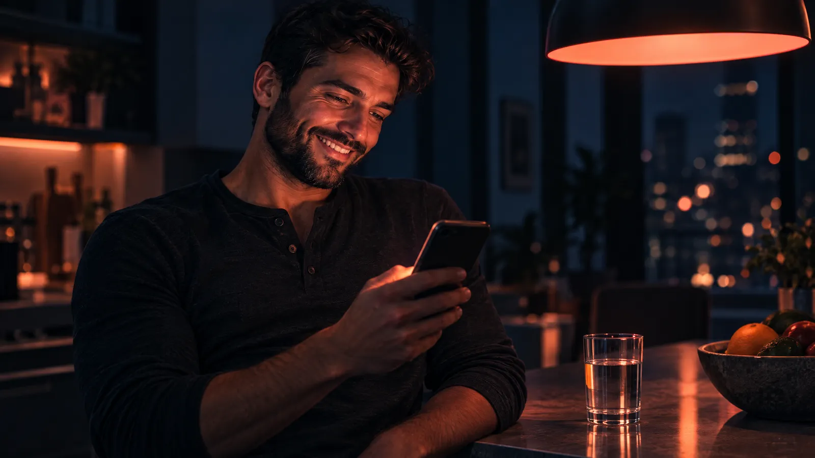 A man in his late twenties at a kitchen counter at night laughing at a message on his phone