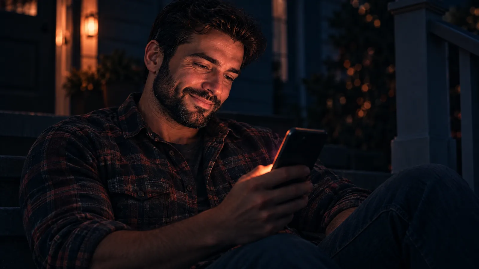 A bearded man in a flannel shirt on a porch at night, laughing at his phone