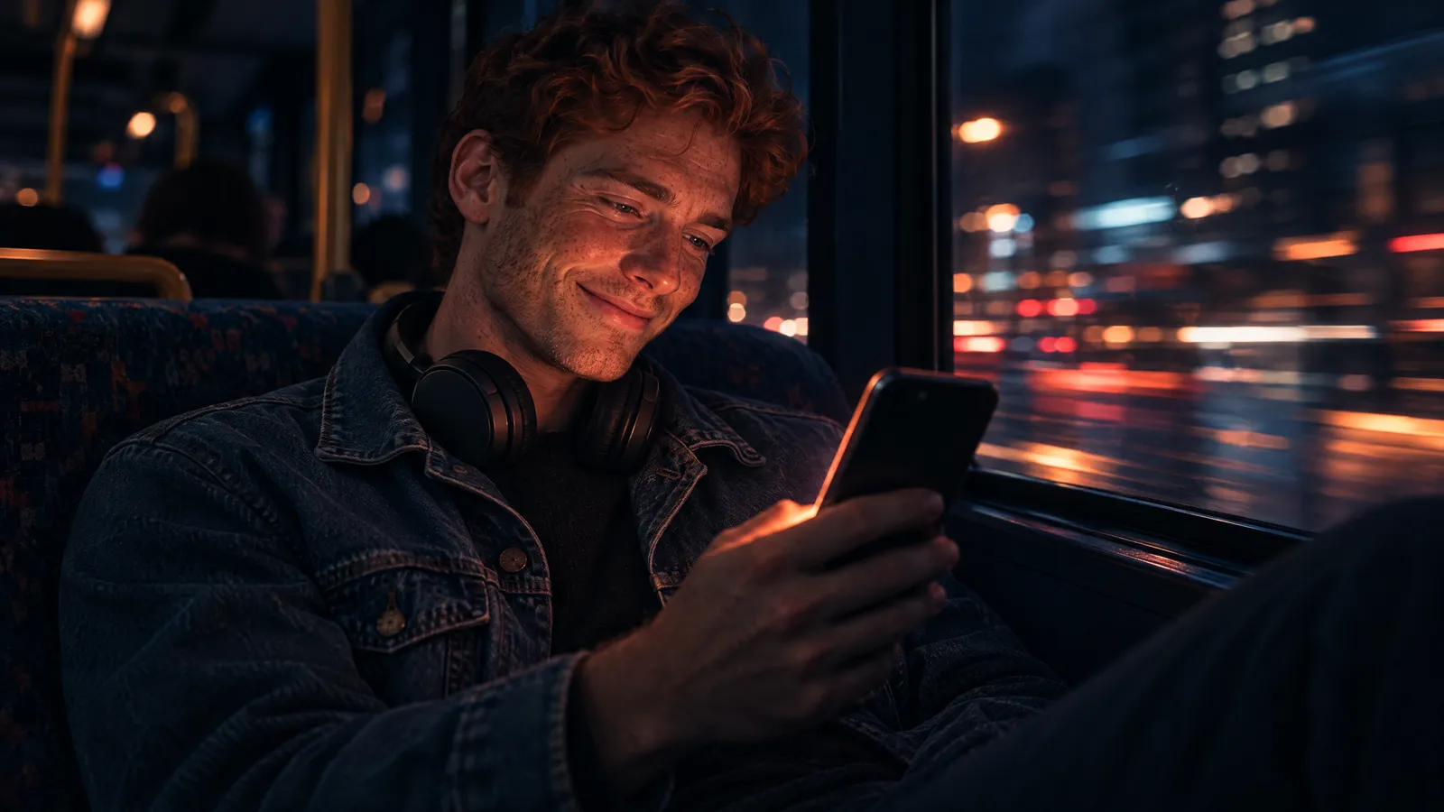 A red-haired man on a night bus grinning at his phone