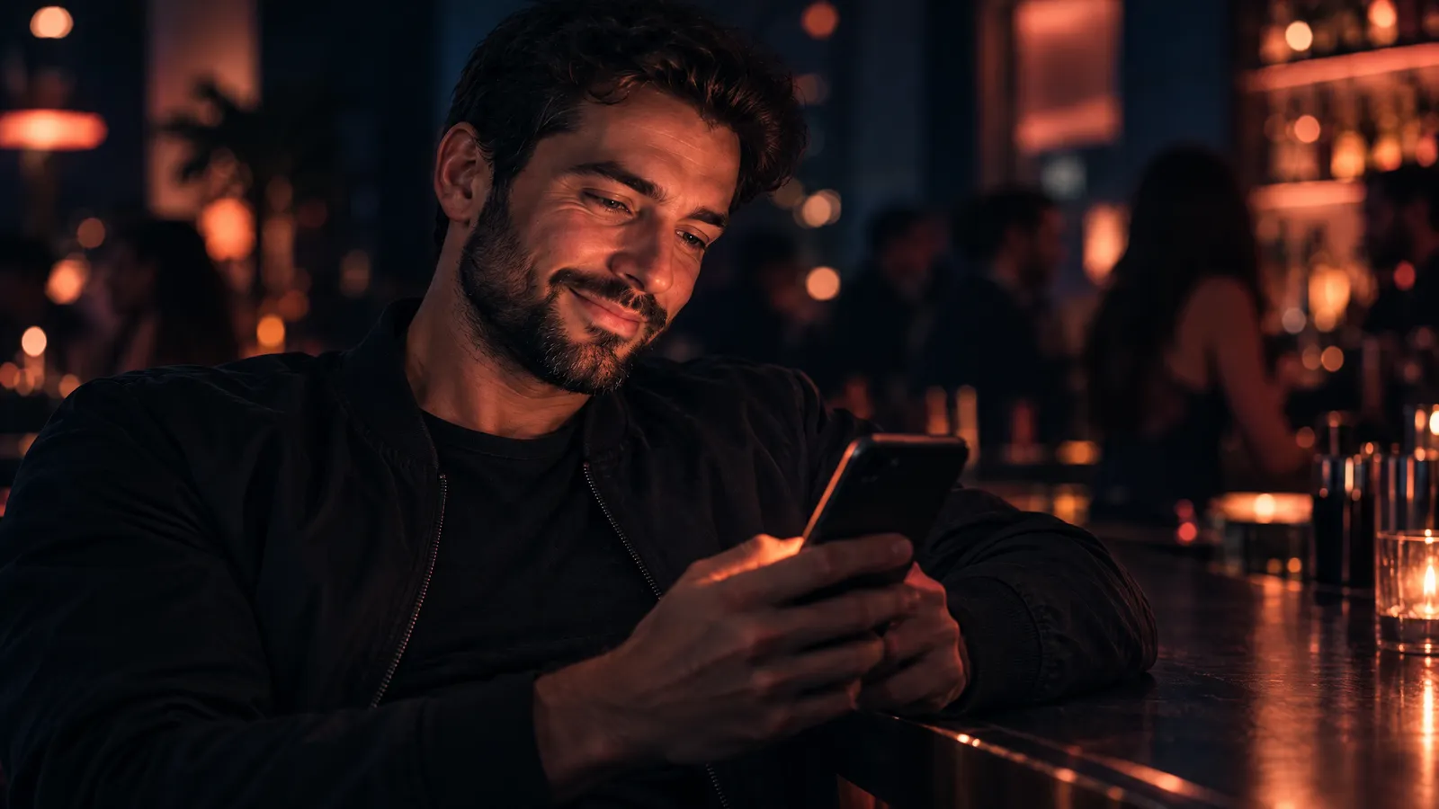 A bearded man at a bar counter at night smiling as he types on his phone