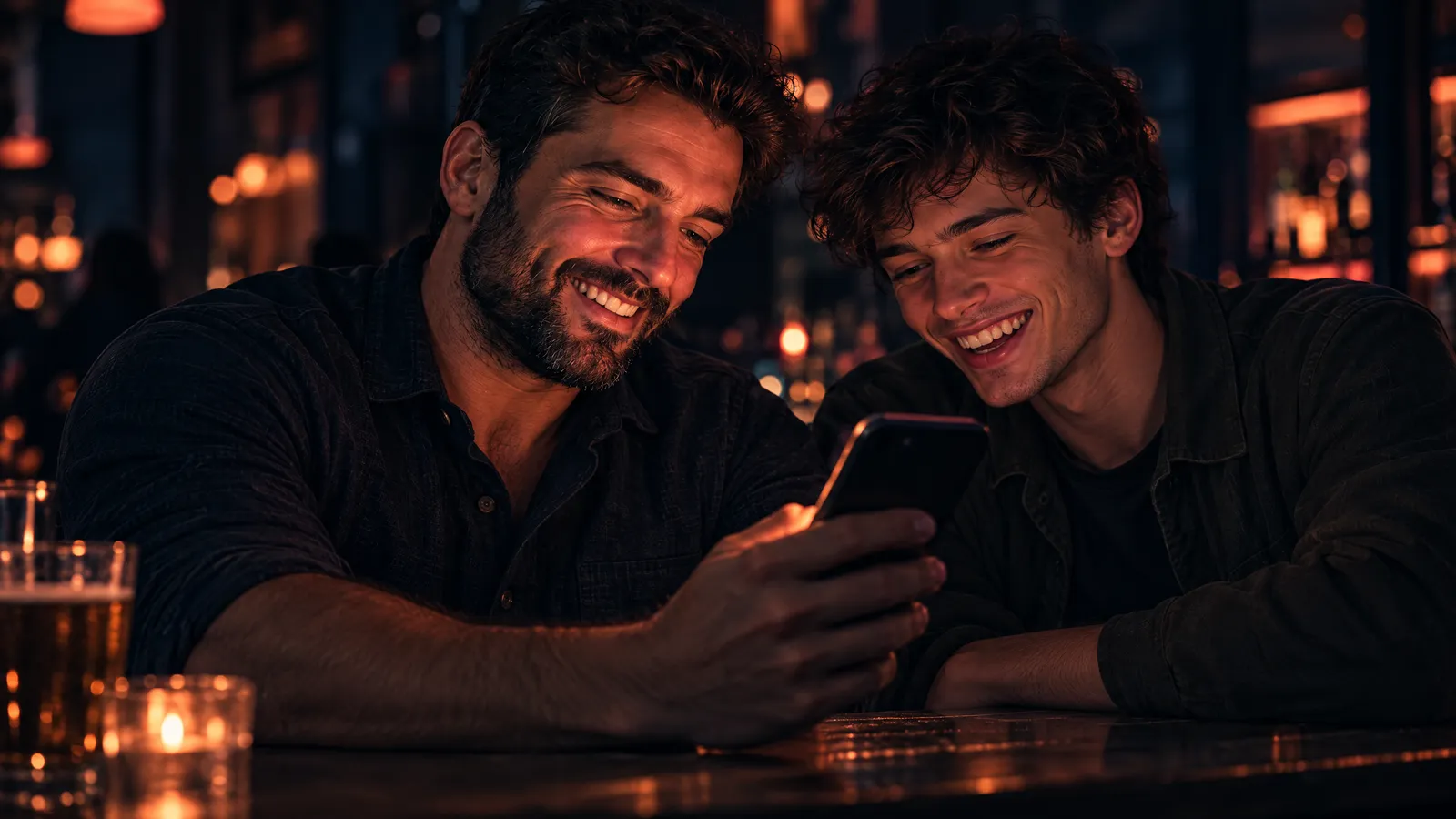 Two friends at a bar at night, a bearded man and a younger slim man, laughing at a phone together