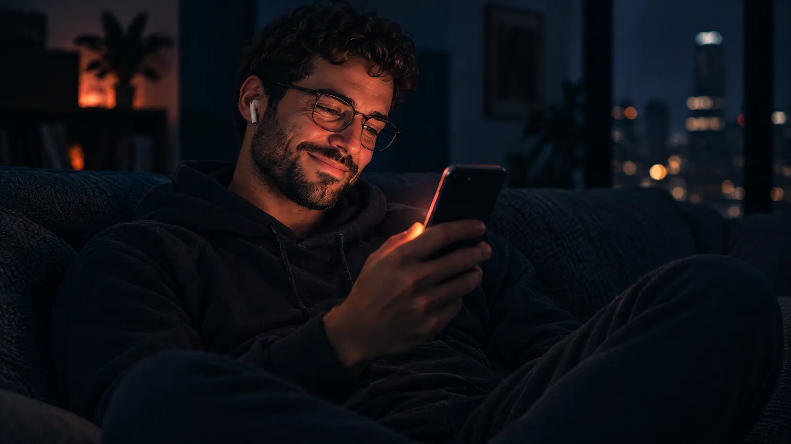 A man with glasses on a sofa at night, smiling as a voice note plays on his phone
