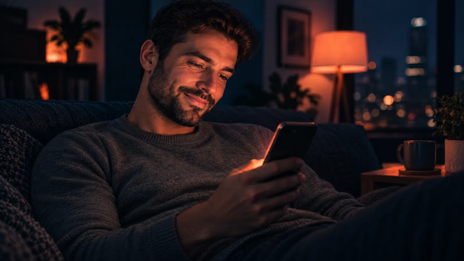 A man in his thirties on a sofa in the evening, checking his phone with a relaxed smile