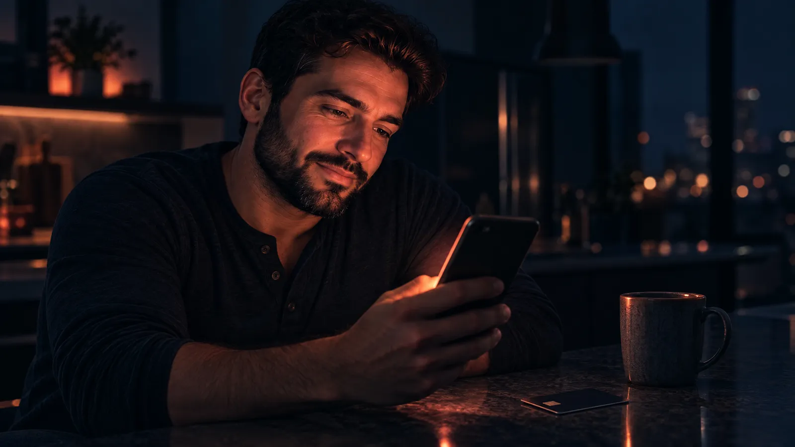 A man in his kitchen at night reading carefully on his phone, a card on the counter