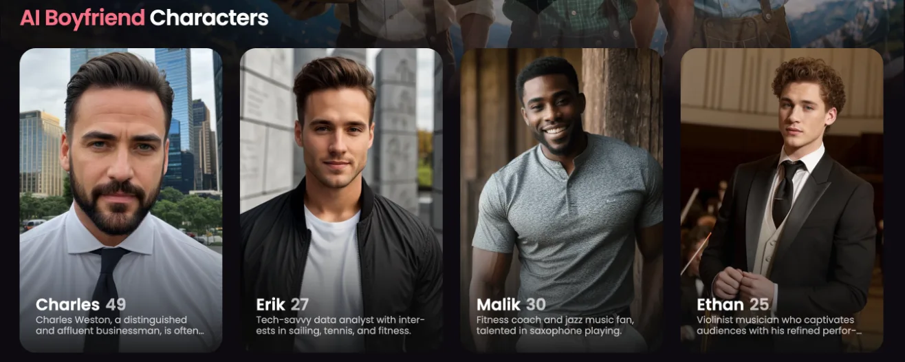 Candy.ai AI boyfriend page with the first male characters