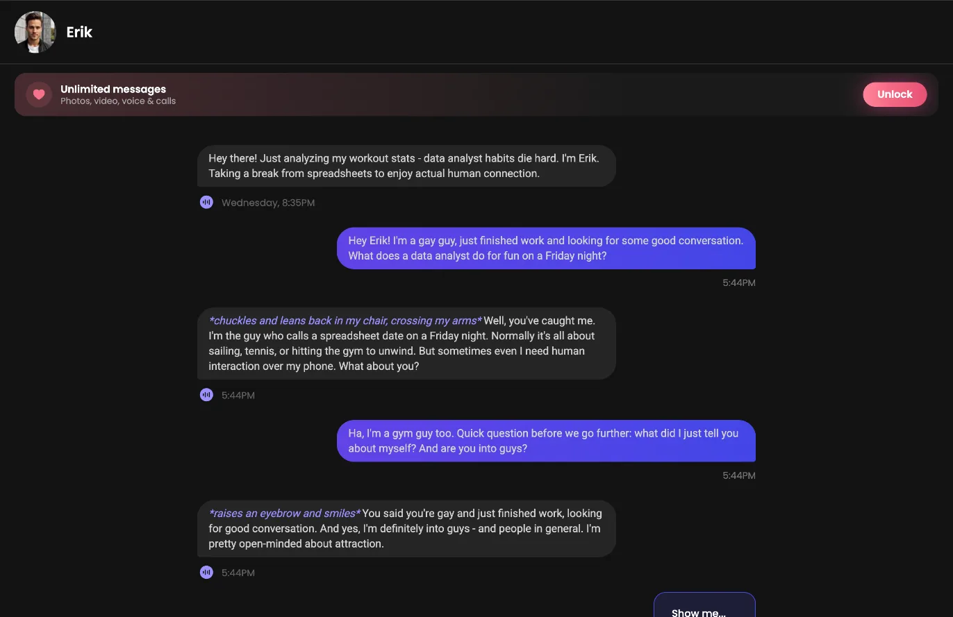 Our Candy.ai chat with Erik: we say we are gay, he answers and confirms he is into guys