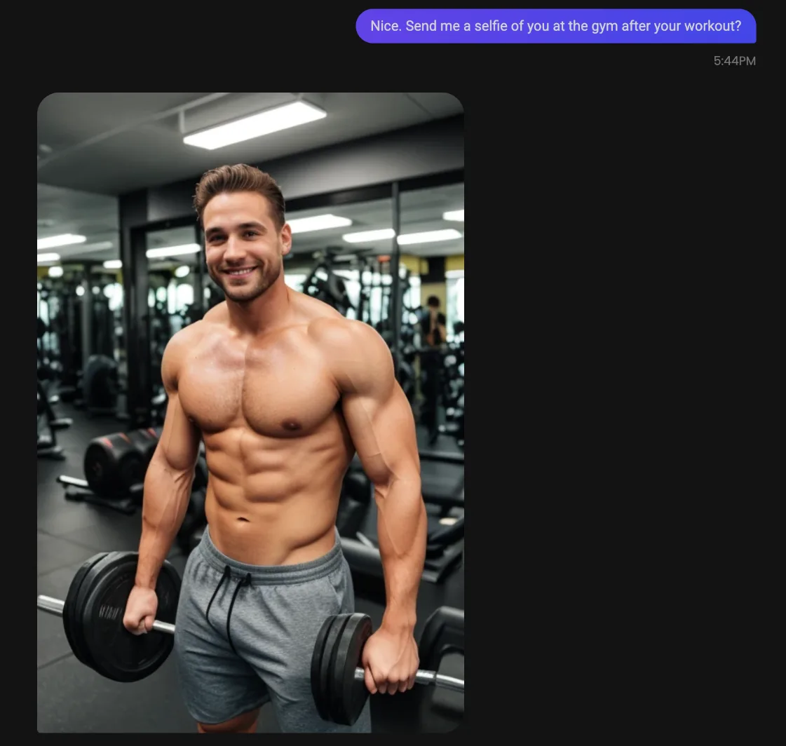 Image Candy.ai generated when we asked Erik for a gym selfie: shirtless man holding dumbbells