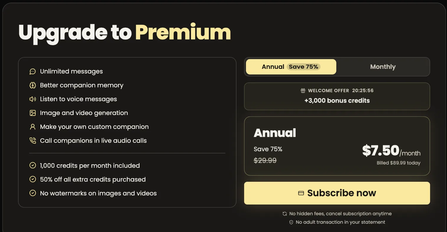 ChatRoger Premium upgrade page with the annual plan at $7.50 a month billed $89.99