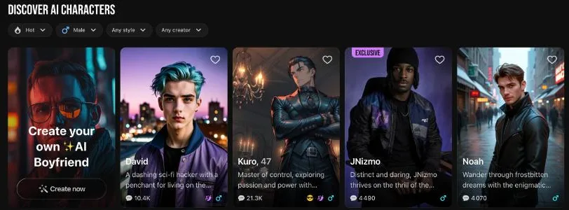 Lovescape Discover page for male characters with a Create your own AI Boyfriend card